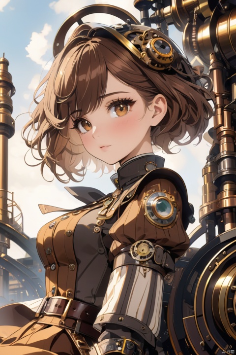  1girl with sitting on a part of huge machine on the upper right corner of the image, huge machine fills the image, steampunk,belt, gear, anime,8k, dynamic angle,form bottom, of beautiful girl with brown short hair,best shadow, intricate, elegant, majestic, (masterpiece,best quality,ultra_detailed,highres,absurdres:1.2),broken glass, (sidelighting, finely detailed beautiful eyes: 1.2), detailed face and detailed skin, hdr,vvvvvvvvvvvvvvvvvvvvvvvvvvvvvvv