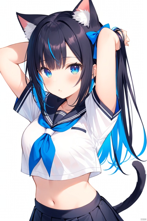  1girl,solo,animal ears,tail,cat ears,skirt,cat tail,long hair,blue eyes,navel,white background,black skirt,school uniform,looking at viewer,black hair,simple background,multicolored hair,mouth hold,short sleeves,pleated skirt,serafuku,midriff,blue hair,arms up,shirt,cat girl,sailor collar,white shirt,neckerchief,two-tone hair,crop top,colored inner hair,stomach,blue neckerchief,arms behind head,bangs,animal ear fluff,black sailor collar,very long hair,blush,ribbon,breasts,crop top overhang,open clothes,hands in hair,standing,tying hair,