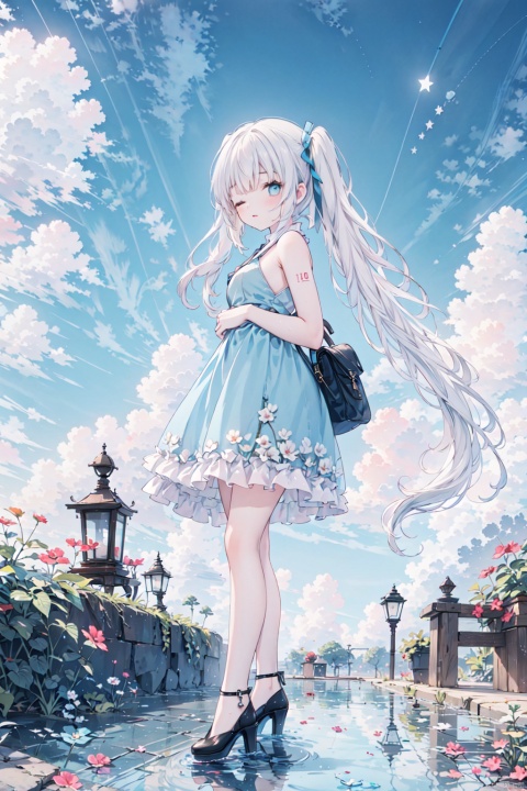  (english text:1.25),(from side), blue theme, (walking_in_liquid), standing_on_liquid, reflective_water, night, only water, (head down), closed eyes, skirt ***d,(the surface of the water reflected the brigh stars), light_particles,1girl, very long hair, twintails, solo, hatsune miku, dress, blue hair, full body,water surface, reflection, star (sky), starry sky,,