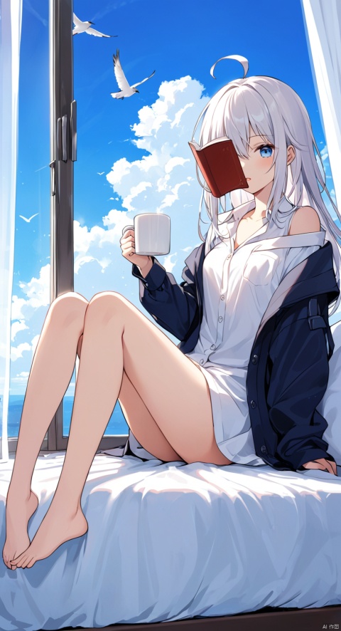  (masterpiece), (best quality),1girl,elaina (majo no tabitabi),blue eyes,solo,shirt,ahoge,long hair,bird,white shirt,window,sky,cup,sitting,hair between eyes,holding,indoors,cloud,collared shirt,knees up,curtains,bangs,white hair,looking at viewer,parted lips,dress shirt,long sleeves,book,holding cup,open clothes,barefoot,off shoulder,bare legs,pillow,blue sky,day,on bed,mug,jacket,collarbone,