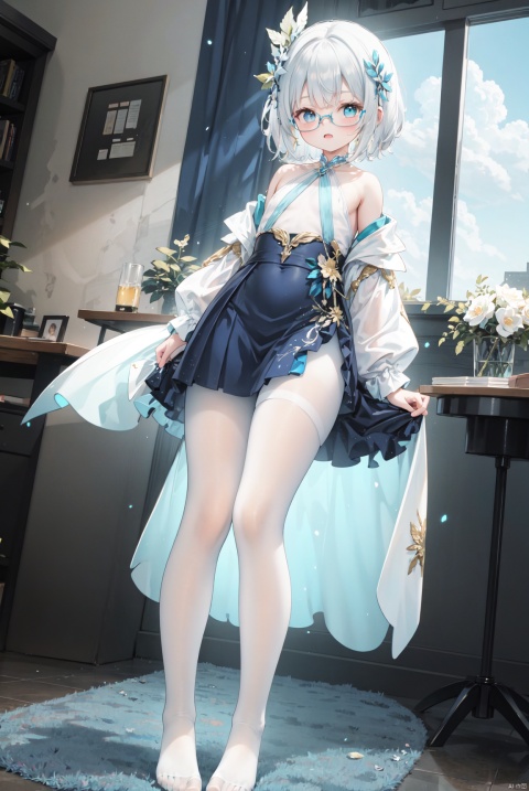  Big chest, bent down, exposed waist, bare feet, mature senior sister, exquisite side hair accessories, ultra-high picture quality, noble, masterpiece, dynamic angle, golden glasses, super elastic thighs, blue curved short hair, semi transparent blue and white mesh neck long skirt, gray pantyhose