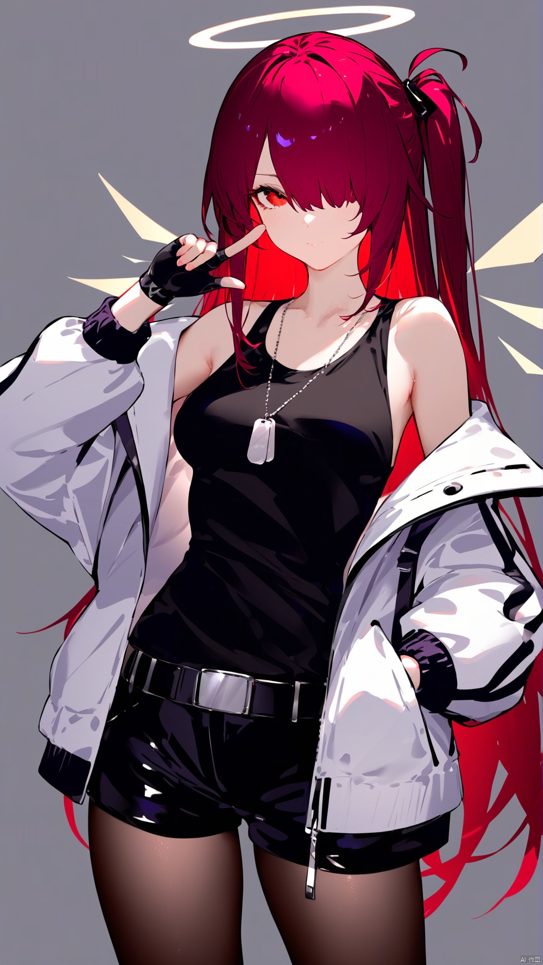 (masterpiece),(bestquality),
((nai3)), 1girl, solo, long hair, breasts, looking at viewer, bangs, simple background, shirt, red eyes, gloves, long sleeves, bare shoulders, jewelry, very long hair, closed mouth, standing, collarbone, jacket, purple hair, pantyhose, red hair, cowboy shot, open clothes, wings, shorts, sleeveless, alternate costume, black gloves, belt, fingerless gloves, grey background, off shoulder, hair over one eye, arm up, open jacket, black pantyhose, black shirt, short shorts, sleeveless shirt, alternate hairstyle, one side up, halo, black shorts, white jacket, **** top, index finger raised, hand in pocket, alternate hair length, legwear under shorts, dog tags, detached wings, energy wings, exusiai \(arknights\)