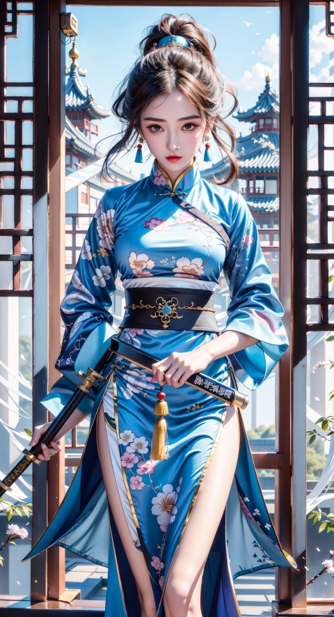  1 girl, holding a Japanese sword(Pull out scabbard), not looking at the camera, three-dimensional facial features, Asian face, bangs, long hair, solo, blue eyes, 
Red lips, bangs, earings, kimono,(Chinese Hanfu),(Not looking at the camera)
(girl Focus),(beautiful detailed eyes),(beautiful detailed girl),[outline]
（movie lighting, strong contrast, high level of detail, best quality）

sky,light,particles,birds,dunhuang,zhongfenghua,xiyou,zhongfenghuaxiyou,chinese ancient architecture,ancient architecture in asia,particle,ray of light,(Ancient Chinese architecture:1.3), yiwenrudao\(xiuxian\), dyzgqzm, long, chinese dress, Ink scattering_Chinese style, best quality