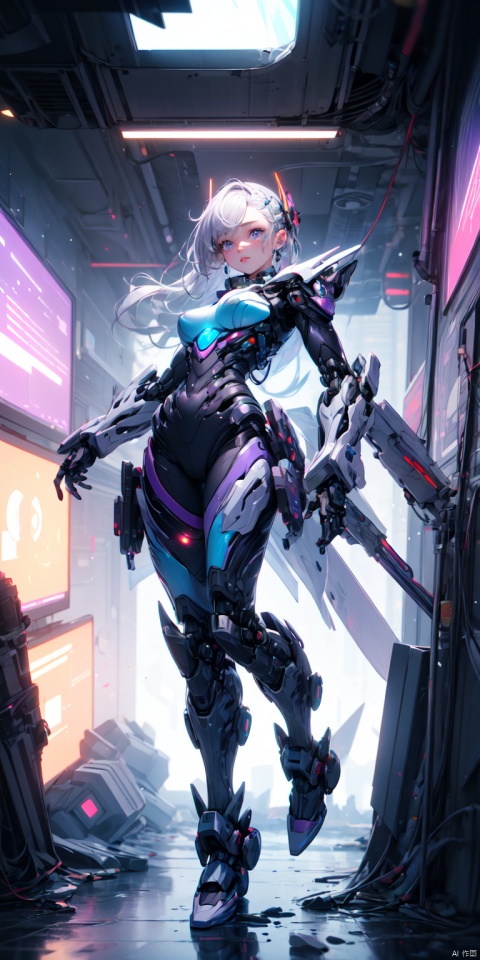  1 girl, Moyu, the best quality, very detailed, detailed background, anime, a young and beautiful girl, long rainbow hair, (full body shot), very detailed face, a very exquisite and beautiful mecha girl, very detailed eyes, (floating silver gray hair), (iris and rainbow hair), gradient color mecha clothes, (black and blue and purple mecha clothes), iris and rainbow mecha clothes, (Tight fitting: 0.8), (Cyberpunk), (Science Fiction), (Science Fiction), Night, Space, Horizon, Beautiful and Detailed Starry Sky, City Summit, (Dynamic Pose), Single person Focus, Depth of Field, Defocus, Movie Lighting, Atmospheric Lighting, Science Fiction, Full Body,


 Highest picture quality, masterpiece, exquisite CG, exquisite and complicated hair accessories, big watery eyes, highlights, natural light, Super realistic, cinematic lighting texture, absolutely beautiful, 3D max, vray, c4d, ue5, corona rendering, redshift, octane rendering, （Show whole body）, （all body）, best quality, tianxie
