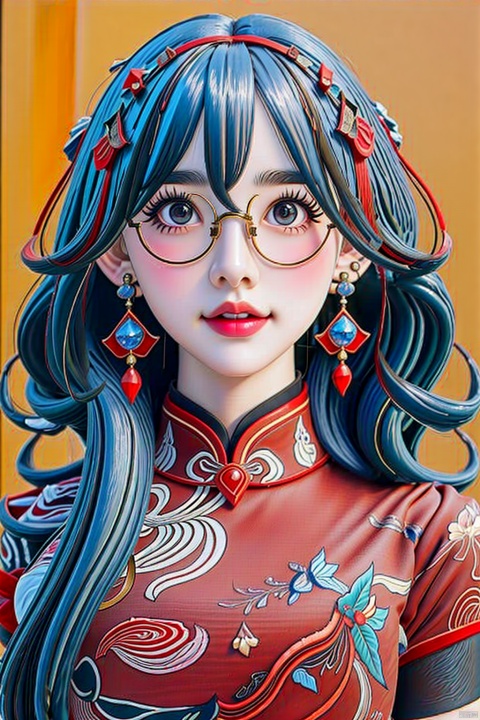  1girl, solo, red gloves, gloves, looking at viewer, blue hair,smile, breasts, long hair, bangs, multicolored hair, glasses, elbow gloves, dress, jewelry, earrings, hair ornament,buleweiXF,

(masterpiece:1.2), best quality, masterpiece, highres, original,ultra-detailed, illustration,extremely detailed wallpaper, perfect lighting,(extremely detailed CG:1.2), drawing, paintbrush,
,buleweiXF
