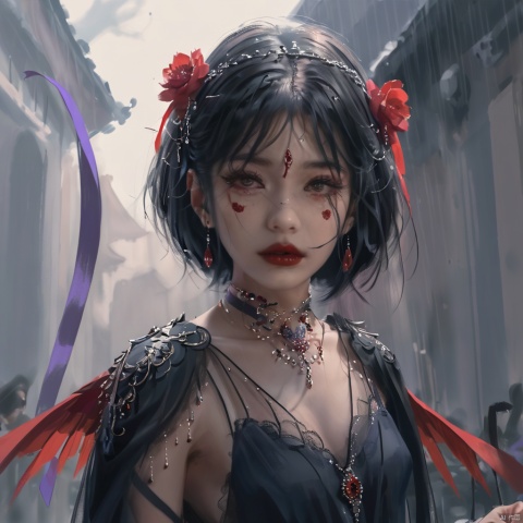  guidao style, 1girl, solo, short hair, rain, looking at viewer, purple ribbon, ribbon choker, black hair, blood, headpiece, ribbon, red eyes, blood on face, portrait, closed mouth, upper body,angel
