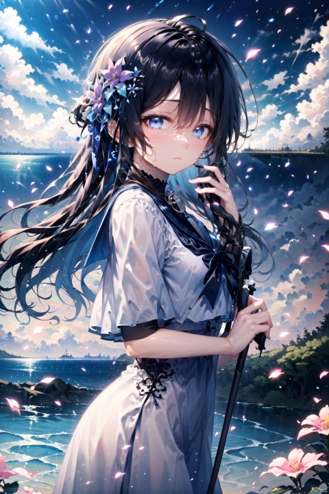 tianliang duohe fangdongye,chen bin,omone,,（(masterpiece, best quality)),beautifuldetailedlighting,1girl, solo, long hair, looking at viewer, bangs, blue eyes, black hair, hair ornament, long sleeves, dress, bow, closed mouth, flower, outdoors, sky, cloud, hair flower, sailor collar, water, from side, blue sky, capelet, ocean, cloudy sky, blue flower, blue theme, horizon