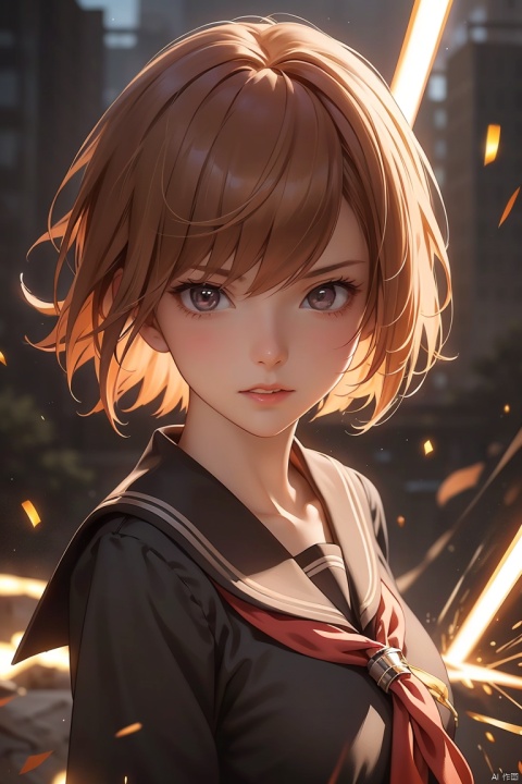 1girl, solo, looking at viewer, short hair, brown hair, brown eyes, school uniform, upper body, teeth, clenched teeth, wind, science fiction, fantasy, electricity, tokiwadai school uniform, electrokinesis, incoming attack, psychic, misaka mikoto,(masterpiece), (best quality), illustration, ultra detailed, hdr, Depth of field, (colorful), 1girl