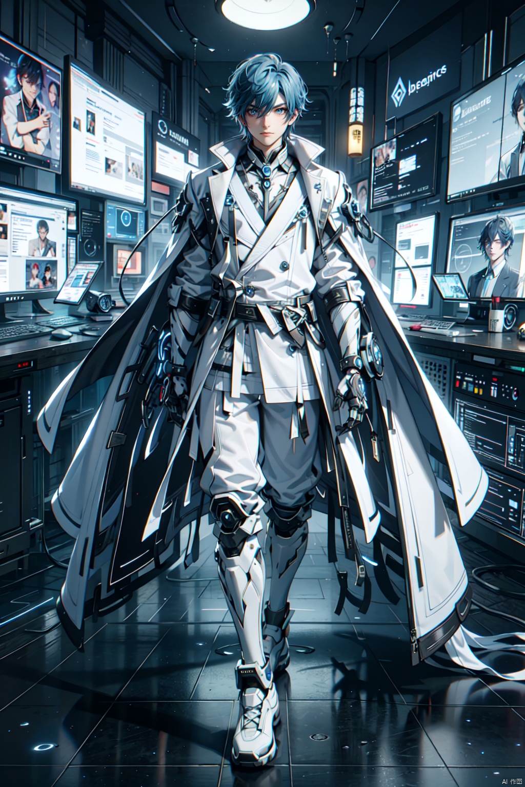  1 boy. Blue hair, futuristic cape, solo, looking at the audience, hair between eyes, smile, blue eyes, stand up jacket, male focus, white and black short jacket, science fiction, book, desk lamp, floating holographic screen, mechanical leg guards, (sitting: 1.2), sports shoes, starry sky, aurora borealis outside the window, cyberpunk

, Aso, machinery, Cyberpunk Concept