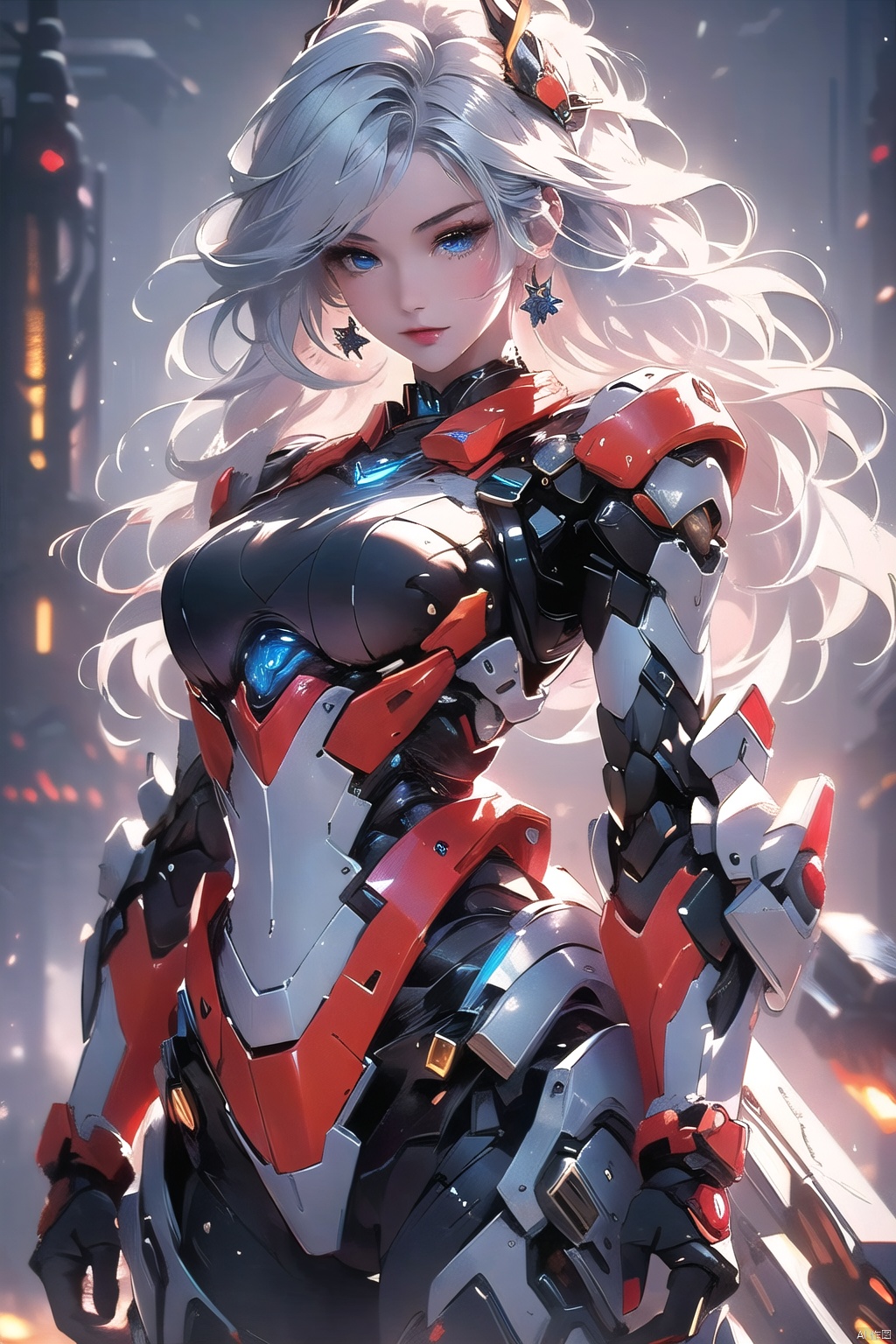  1 girl, frontal,blue eyes, white hair blowing in the wind, hands open, giant mecha warrior standing next to her, science fiction novel, mechanical armor, metallic luster, electroplating, clothing logo, Mars, spacecraft, floating cannon, hexagonal, (from bottom: 1.2), glow, backlight, (background blurry: 1.2) movie lighting, low illumination, VHS style, (masterpiece: 1.3), (best quality: 1.1), complex details, (Surrealism: 1.1), (Realistic details: 1.1), High level of detail, (The text on the cover should be bold and eye-catching, partially hidden behind the characters, with magazine titles and eye-catching titles: 1.4), Superview, Wide angle. Dynamic pose, lighting_ Stance, wide-angle lens