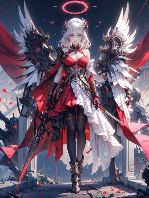  ZOTAC-apocalypse, turn armed, Robot girl - Apocalypse, (Standing forward Attack: 1.42), (Warm boudoir background, pink boudoir: 1.24), solo, halo, long white hair, blue eyes, big eyes, gritty eyes, bangs, wings, weapons, breasts, armor, whole body, looking at the audience, clothes, red cape, red clothes, mechanical wings, bangs, bare shoulders, sheath, red gloves, long spear - Ring of the Apocalypse, holding a long spear, named Ring of the Apocalypse, The ring at the center of the gun flowered, dazzling, gauntlet, boots, pantyhose, blue eyes, hair between the eyes, gloves, mouth closed, head tilted, （\personality\）,white armor