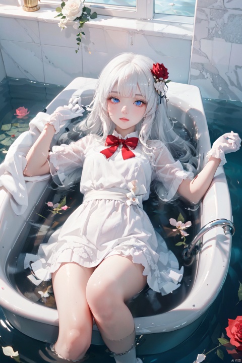  (best quality), (masterpiece),1girl, long hair, solo, flower, blue eyes, dress, looking at viewer, lying, skeleton, bangs, rose, on back, partially submerged, white hair, petals, from above, bathtub, bow, water, white gloves, socks, hair ornament, white dress