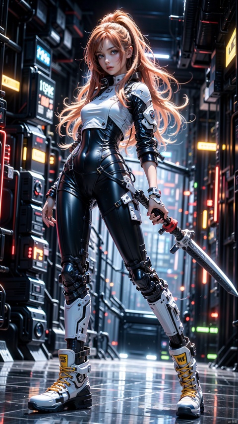  sunrise stance, (holding weapon:1.3),yellow eyes,Red coat, blue eyes,evil,red hair,long hair,messy hair,black full bodysuit,serious,ruins,sword,Combat shoes,open stance,Red coat, , solo,battle dress, glow glow,science fiction,CG,C4D, Cyberworld