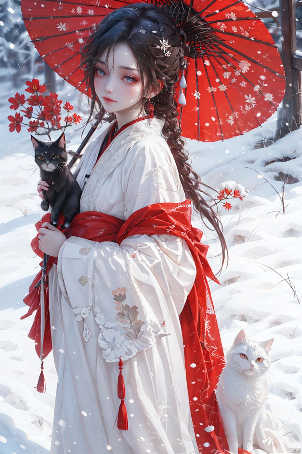  Chinese style, ancient, girl, holding a white cat, red umbrella, Hanfu, snow, winter,