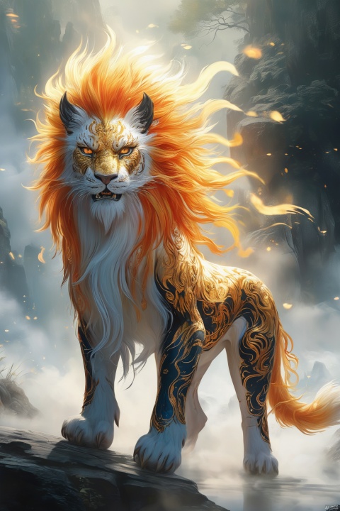  best quality,ultra-detailed,masterpiece,
The huangyu is regal, its body resembling that of a majestic, amber lion, but with a mane that blazes with golden fire. Its eyes are fierce and its mane is thick and golden, interspersed with strands of gleaming gold. Its expression is one of noble determination, with a regal bearing that commands respect. As it moves, it leaves a trail of glowing amber fur, with golden sparks, bringing strength and courage to all who follow it.