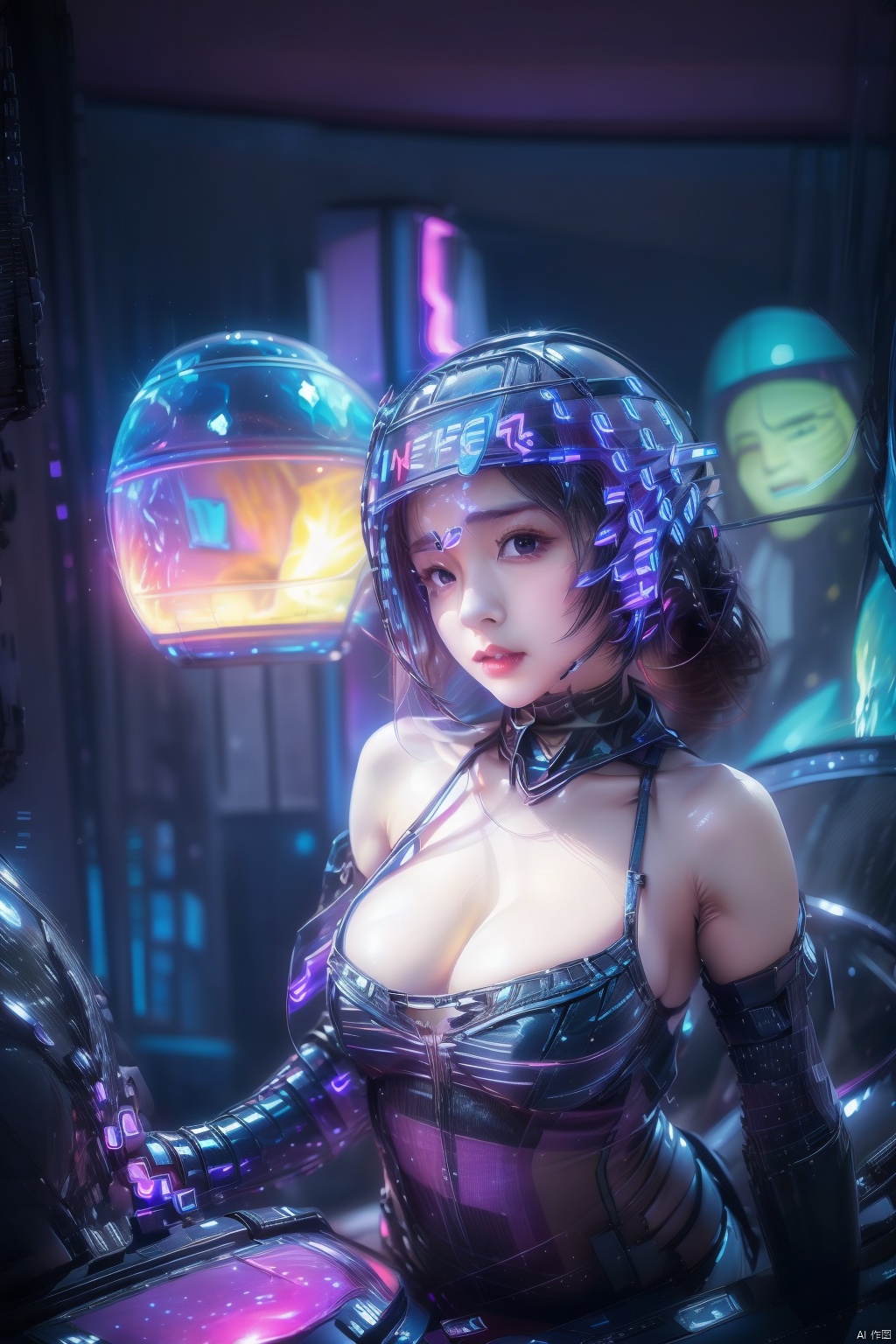 A super cool girl wearing a half-helmet ,The helmet has a glowing hologram, Her lips and chin peeking out from under her helmet,chin,In the cyber world, the network of glowing electrons,In the cyber world, the network of glowing electrons,Super Age, latex suit, suspenders, bare shoulders, shoulder tattoos,Smooth latex suit, tight latex suit,1girl, solo, long hair, breasts, Holographic patternbackground, black hair, cleavage, medium breasts, closed mouth, upper body, artist name, black background, covered eyes,Half_helmet,neon,  cyberpunk,  neon lights, hologram,science fiction,anger,latex bodysuit, Cyberpunk Concept