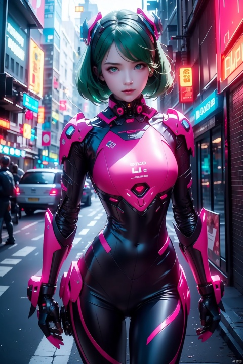  1girl, ground vehicle, motor vehicle, motorcycle, cyberpunk, neon lights, solo, jacket, looking at viewer, green eyes, multicolored hair, city