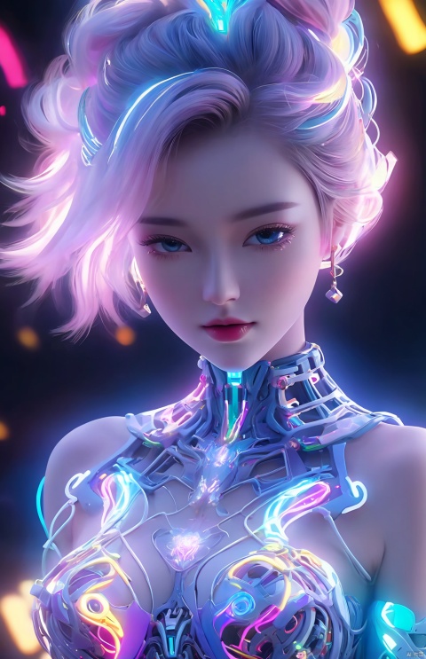  (1girl:1.2),cute face,long hair,frilly hairstyle,torso,body,8k,ultra-detailed,highres,(best quality, masterpiece:1.2),(deformad neon light:1.3),soft particles of fractal fire,volumetric lighting,colorful,((extreme details)),glow,Navel, thighs,impossible figures,paradoxical art,paradox,impossible geometry,hypercube,Beautiful Psychedelic Trippy White Intricate Detailed Elaborate,solo,(full body:1.7),(machine made joints:1.4),((machanical limbs)),(explosed muscles),(blood vessels connected to tubes),(a brain in container:1.3),((mechanical vertebra attaching to back)),((mechanical cervial attaching to neck)),,expressionless,(wires and cables attaching to head and body:1.5),small breasts,short hair,science fiction, bailing_glitch_effect