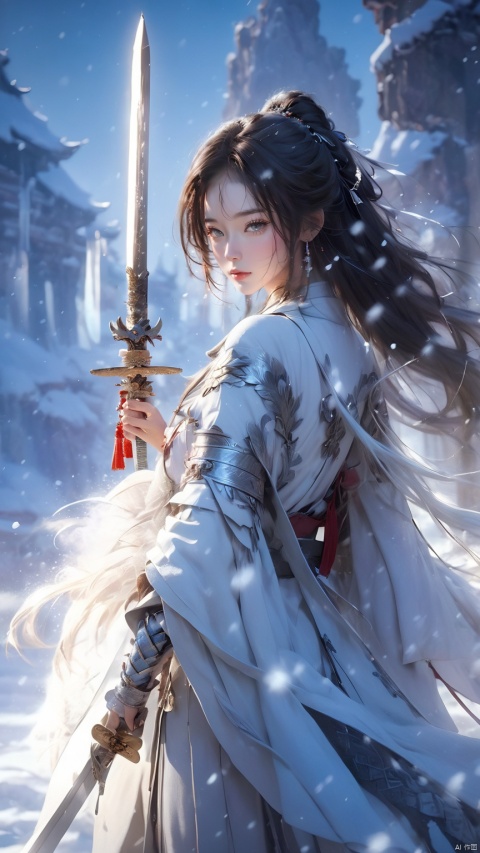  1girl,White robe, silver thread, cash, Eagle Feather, sword in hand, sword in hand, superior to all living beings, land of ice and snow, silver world, Crystal Snowflake, cold light, magnificent fortitude, superb swordsmanship, bing Xin on the chest, 1girl, glow,Hazy light,Floodlight