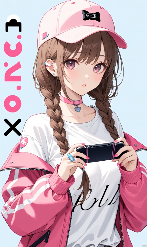  the best quality, masterpiece, super details, fine fabrics, high detail skin, finely detailed eyes and detailed face,smooth skin,extremely fine and detailed,Perfect details,breasts, high resolution, the whole body,1girl, solo, long hair, looking at viewer, bangs, brown hair, shirt, hair ornament, long sleeves, hat, bow, holding, twintails, jacket, white shirt, upper body, braid, hair bow, parted lips, open clothes, choker, puffy sleeves, off shoulder, nail polish, twin braids, open jacket, sleeves past wrists, hands up, low twintails, white headwear, pink bow, bandaid, holding Gaming handheld, baseball cap, pink nails, puffy long sleeves, blue nails, pink headwear, pink choker, nail art, bandaid on hand,playing games