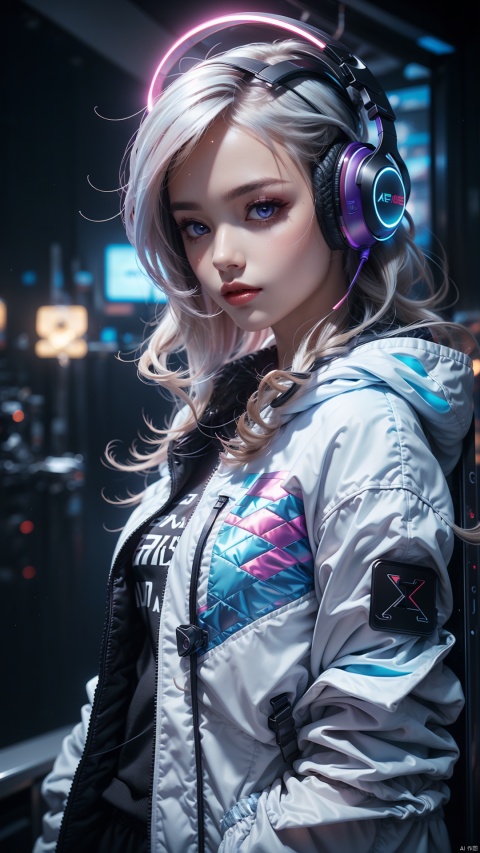 Light-electric style, shining, 1girl, solo, halo, long hair, headphones, looking at viewer, white hair, hair between eyes, upper body, bangs, purple eyes, closed mouth, blurry, jacket, from side, looking to the side, white jacket, heterochromia, blue eyes, chromatic aberration, depth of field
