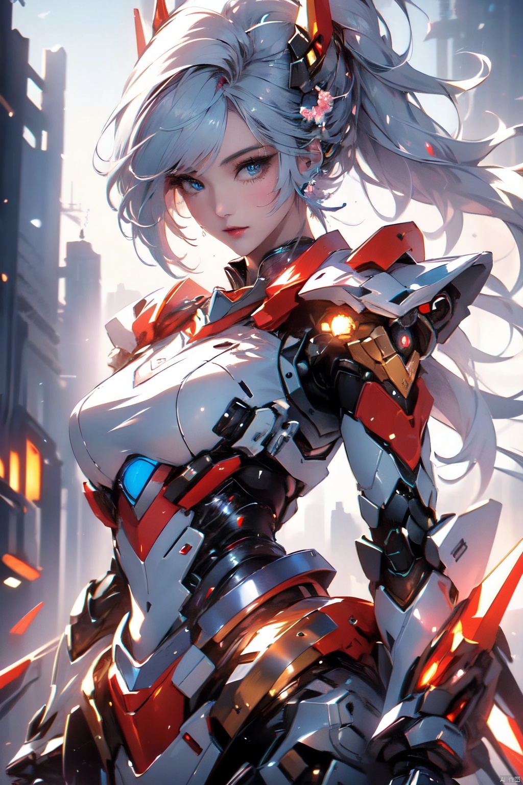  1 girl, frontal,blue eyes, white hair blowing in the wind, hands open, giant mecha warrior standing next to her, science fiction novel, mechanical armor, metallic luster, electroplating, clothing logo, Mars, spacecraft, floating cannon, hexagonal, (from bottom: 1.2), glow, backlight, (background blurry: 1.2) movie lighting, low illumination, VHS style, (masterpiece: 1.3), (best quality: 1.1), complex details, (Surrealism: 1.1), (Realistic details: 1.1), High level of detail, (The text on the cover should be bold and eye-catching, partially hidden behind the characters, with magazine titles and eye-catching titles: 1.4), Superview, Wide angle. Dynamic pose, lighting_ Stance, wide-angle lens