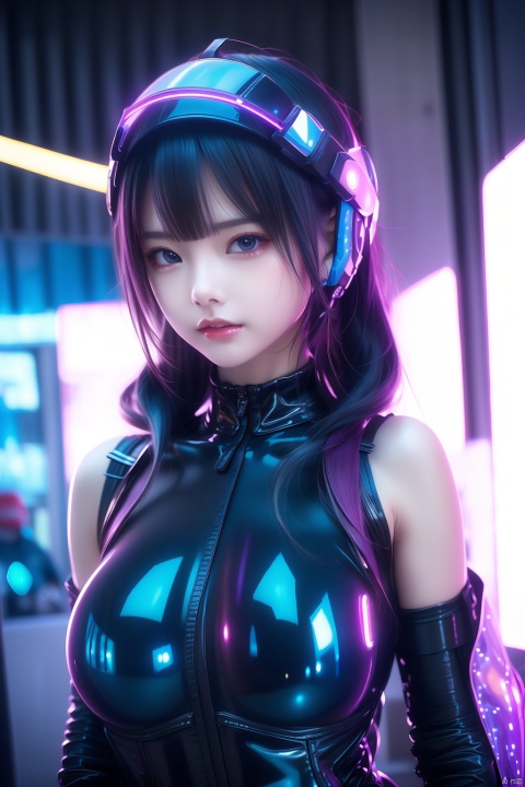  A super cool girl wearing a half-helmet ,The helmet has a glowing hologram, （Her lips and chin peeking out from under her helmet,chin,）In the cyber world, the network of glowing electrons,In the cyber world, the network of glowing electrons,Straight hair, Super Age,bodysuit, bare shoulders, (shoulder tattoos),Smooth latex suit, tight latex suit,1girl, solo, long hair, breasts, Holographic patternbackground, black hair, upper body, artist name, （covered eyes）,Half_helmet,neon, cyberpunk, neon lights, hologram,science fiction,anger,latex