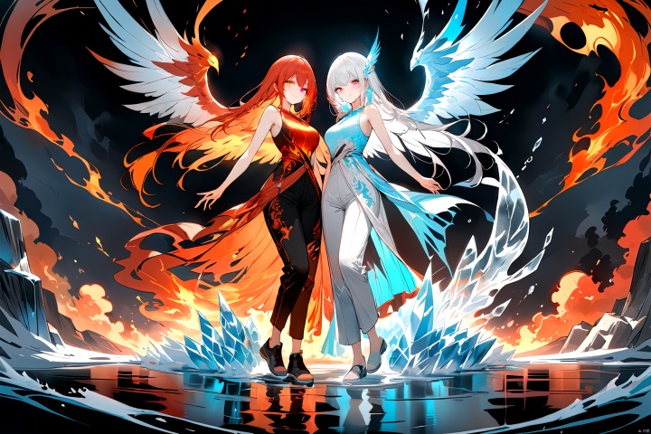  2 girls, bare shoulders, white hair, red hair, colored hair, Wings, Sleeveless, Pants, Water, Striped hair, Sister, Heterochromia, Fire, Sister, Ice,Detailed complex chaotic seascape red burning light mysterious silhouette of phoenix,fung-hwang,UV-reactive, red light art concept by Waterhouse, Carne Griffiths, Minjae Lee, Ana Paula Hoppe, Stylized florescent art, Intricate, Complex contrast, HDR,OverallDetail, mineral color painting, bailing_ice_sculpture, fire element,see-through