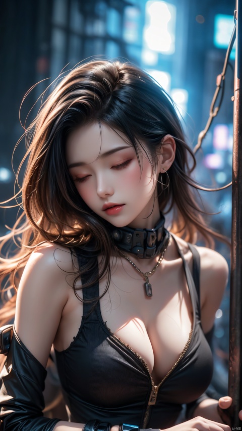 ,1girl,cyberpunk,neon lights,The lady in the tattered clothes with chained wrists is dreaming with closed eyes, extreme close-up, front viewer, floating long hair, studio light from above in studio, dark background, wings