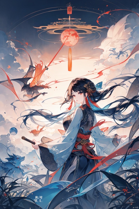  1 girl, dreamy, mystical, Chinese fantasy, flowing silk robes, intricate patterns, ethereal, floating in midair, surrounded by clouds and mist, glowing orbs of light, ancient ruins in the distance, fantastical creatures like dragons or phoenixes flying overhead, enchanting music, sense of wonder, (aura of magic around her:1.4), (surreal landscape:1.3), (vivid colors:1.2), (soft focus for a dreamlike effect:1.1)., Ink scattering_Chinese style, smwuxia Chinese text blood weapon:sw