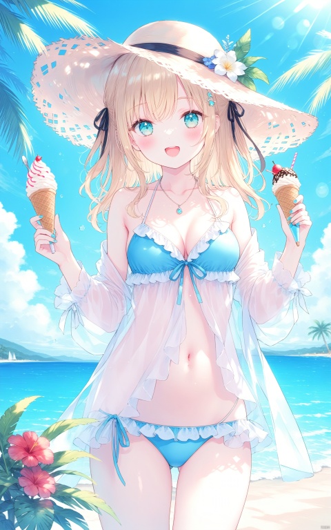  (masterpiece), (best quality), illustration, ultra detailed, hdr, Depth of field, (colorful), loli, artist Hiten, 1girl, outdoors, hat, bikini, swimsuit, solo, ice cream, food, breasts, blue bikini, day, holding, looking at viewer, open mouth, navel, white shirt, shirt, smile, beach, nail polish, open clothes, off shoulder, collarbone, medium breasts, bangs, ocean, open shirt, water, cleavage, :d, straw hat, flower, spoon, stomach, blue sky, sky, palm tree, halterneck, blurry, standing, bare shoulders, hair ornament, white flower, cloud, frills, sunlight, holding spoon, holding food, blue nails, cowboy shot, tree, hat flower, sun hat, ice cream cone, ribbon, blue eyes, blush, blurry background, frilled bikini, sidelocks, brown headwear, depth of field, front-tie bikini top, long sleeves, long hair, medium hair, brown hair, see-through, hands up, front-tie top, jewelry, hair ribbon, black ribbon, aqua nails, necklace, aqua eyes, string bikini, blonde hair, hat ribbon, swimsuit cover-up