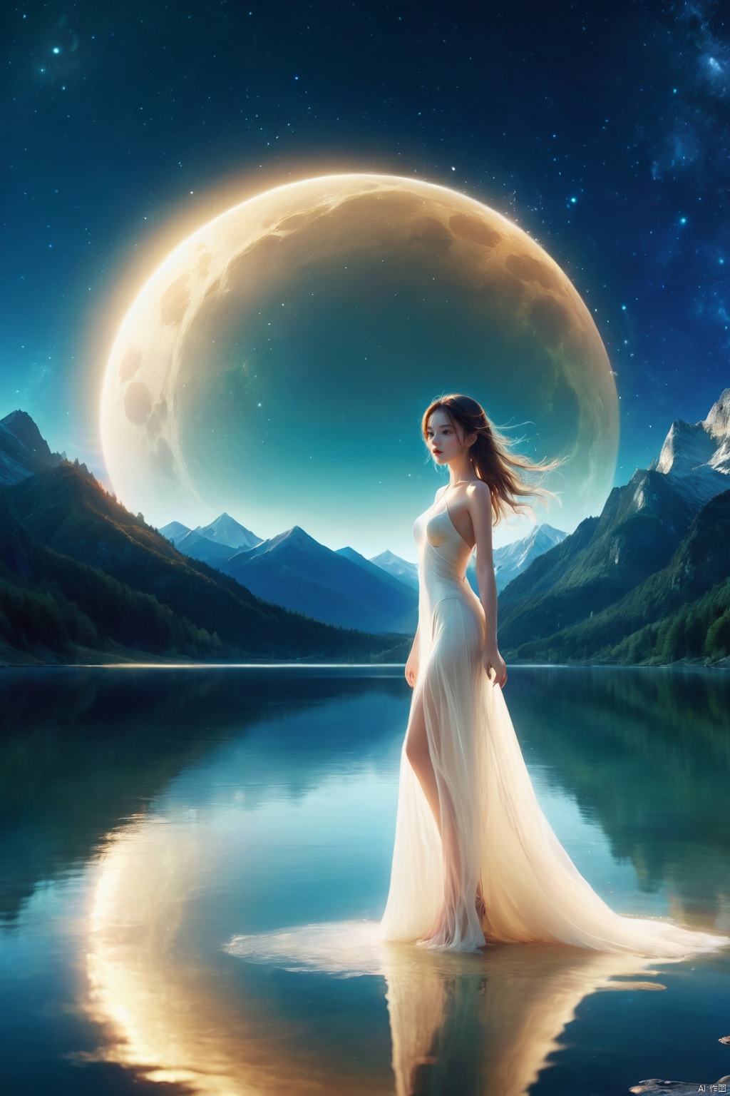  Super fantasy special effects,1 girl standing on the lake, facing the audience, full body, bare legs, white dress, night, mountain, full moon, foreground, jjmx