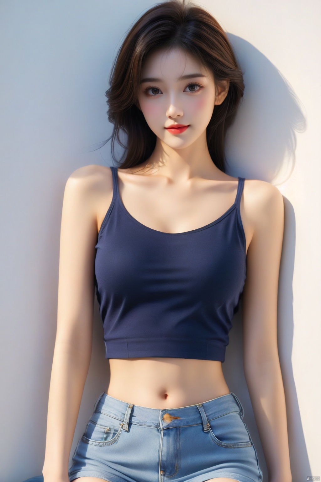  1girl, solo, breasts, looking at viewer, smile, brown hair, black hair, navel, bare shoulders, brown eyes, jewelry, closed mouth, standing, collarbone, cowboy shot, midriff, pants, lips, shadow, **** top, denim, jeans, realistic, arms at sides, 1girl,short skirt, （\personality\）