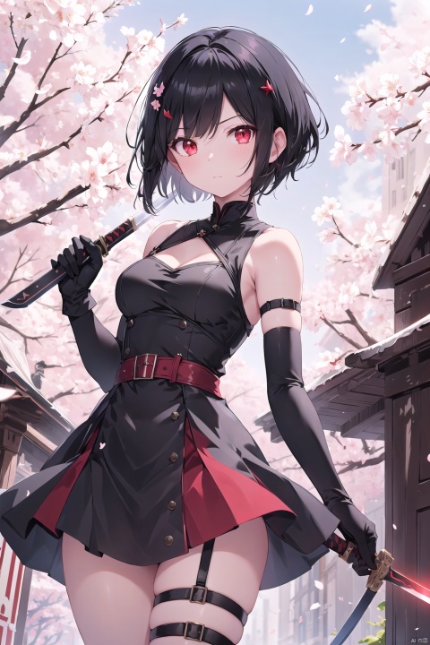  1girl, solo, breasts, looking at viewer, short hair, bangs, black hair, hair ornament, red eyes, gloves, dress, bare shoulders, closed mouth, weapon, black gloves, elbow gloves, sword, holding weapon, black dress, tree, petals, thigh strap, cherry blossoms