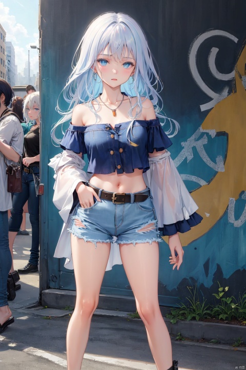  masterpiece, bestquality, highlydetailed, ultra-detailed, hmlacia, leicia, (purple hair:white hair:blue hair:0.9), ice blue eyes,1 girl, dark blue high-waisted jeans, white off-shoulder top, casual, trendy, fitted jeans, cropped length, distressed details, (stretch denim: 1.2), (slim-fit: 1.1), (ripped knees: 1.2), (frayed hem: 1.1), (button fly: 1.2), (belt loops: 1.1), (contrasting stitching: 1.2), (slightly faded: 1.1), (relaxed fit: 1.2), (raw edge: 1.1), (rolled cuffs: 1.2), (skinny silhouette: 1.1), (comfortable: 1.2), (soft cotton fabric: 1.1), (elasticized off-shoulder neckline: 1.2), (ruffled details: 1.1), (cropped sleeves: 1.2), (loose fit: 1.1), (versatile: 1.2), (breathable: 1.1), (feminine: 1.2), (flattering: 1.1), (spring vibe: 1.2), (lightweight fabric: 1.1), (natural beauty: 1.2), (effortless style: 1.1), (sun-kissed complexion: 1.2), (minimalist accessories: 1.1), (subtle necklace: 1.2), (casual hairstyle: 1.1), (fresh-faced makeup: 1.2), (street style: 1.1), (urban backdrop: 1.2), (graffiti wall: 1.1), (city atmosphere: 1.2), (vibrant colors: 1.1), (cool vibes: 1.2), (relaxed pose: 1.1), (natural lighting: 1.2), (chic and effortless: 1.1), (contemporary fashion: 1.2), (modern look: 1.1), (stylish combination: 1.2), (timeless ensemble: 1.1), (in the city streets: 1.2)
