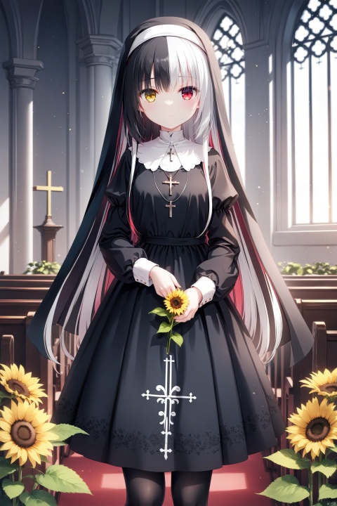  masterpiece,best quality,illustration,ultra detailed,hdr,Depth of field,(colorful),[iumu],[Artist chen bin], 1girl, black hair, split-color hair, flower, cross, church, heterochromia, multicolored hair, solo, nun, dress, red eyes, white hair, long hair, holding, sunflower, two-tone hair, holding flower, black dress, yellow eyes, looking at viewer, pantyhose, habit, puffy sleeves, straight-on, latin cross, cross necklace, short sleeves, cross print, black pantyhose, yellow flower, indoors, closed mouth, floral print, veil, very long hair, jewelry, expressionless, standing, long sleeves