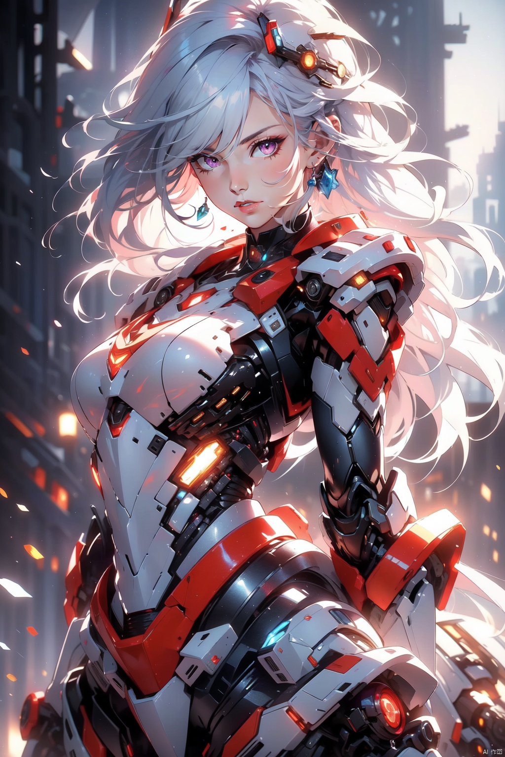  1 girl, frontal,blue eyes, white hair blowing in the wind, hands open, giant mecha warrior standing next to her, science fiction novel, mechanical armor, metallic luster, electroplating, clothing logo, Mars, spacecraft, floating cannon, hexagonal, (from bottom: 1.2), glow, backlight, (background blurry: 1.2) movie lighting, low illumination, VHS style, (masterpiece: 1.3), (best quality: 1.1), complex details, (Surrealism: 1.1), (Realistic details: 1.1), High level of detail, (The text on the cover should be bold and eye-catching, partially hidden behind the characters, with magazine titles and eye-catching titles: 1.4), Superview, Wide angle. Dynamic pose, lighting_ Stance, wide-angle lens