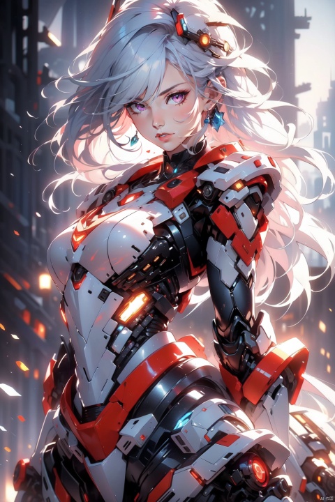  1 girl, frontal,blue eyes, white hair blowing in the wind, hands open, giant mecha warrior standing next to her, science fiction novel, mechanical armor, metallic luster, electroplating, clothing logo, Mars, spacecraft, floating cannon, hexagonal, (from bottom: 1.2), glow, backlight, (background blurry: 1.2) movie lighting, low illumination, VHS style, (masterpiece: 1.3), (best quality: 1.1), complex details, (Surrealism: 1.1), (Realistic details: 1.1), High level of detail, (The text on the cover should be bold and eye-catching, partially hidden behind the characters, with magazine titles and eye-catching titles: 1.4), Superview, Wide angle. Dynamic pose, lighting_ Stance, wide-angle lens