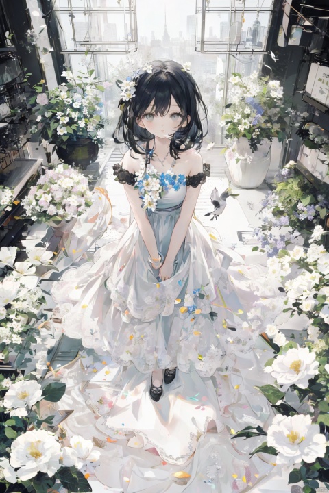  (official art, 8k wallpaper, ultra detailed, High quality, best quality),white flowers ,1girl,from above,bird's-eye_view,vintage filter,among flowers, backlight,limited_palette,white,field s of flowers