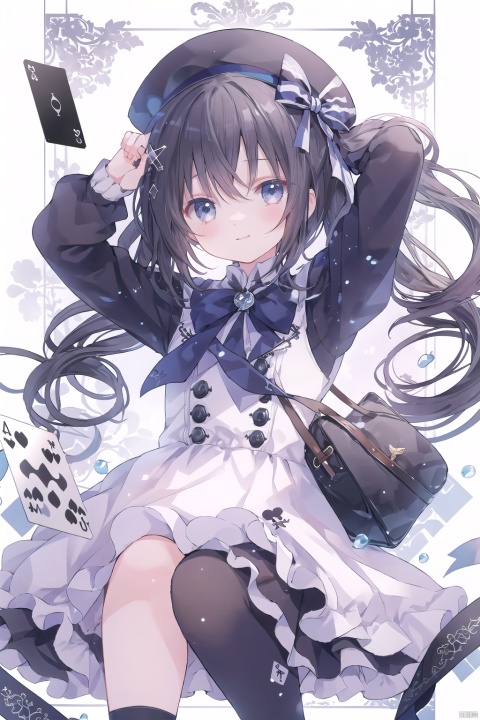  1girl, solo, looking at viewer, card, hat, long hair, playing card, twintails, dress, black headwear, bangs, smile, socks, long sleeves, black dress, blue hair, very long hair, closed mouth, holding, beret, blush, kneehighs, frills, bow, black socks, ribbon, white bow, wide sleeves, holding card, grey eyes, spade (shape), see-through, feet out of frame, heart, white ribbon, hand up, argyle, hair between eyes, frilled dress, club (shape), sleeves past wrists