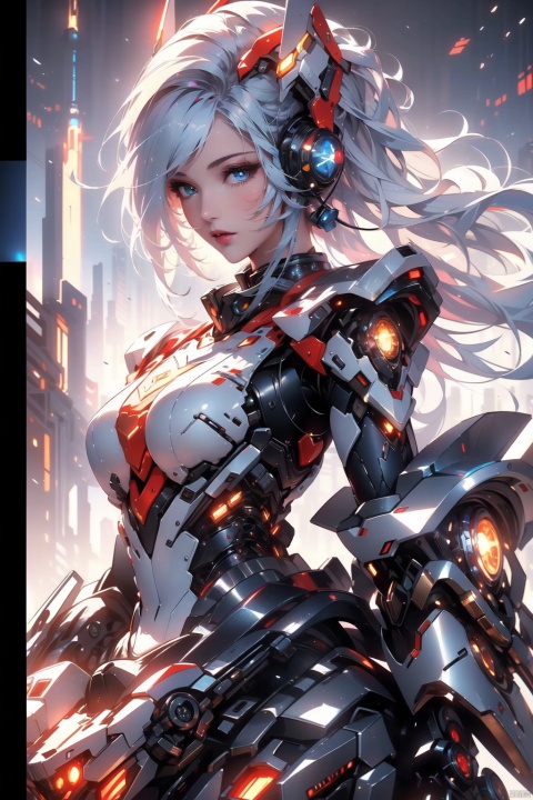  1 girl, frontal,blue eyes, white hair blowing in the wind, hands open, giant mecha warrior standing next to her, science fiction novel, mechanical armor, metallic luster, electroplating, clothing logo, Mars, spacecraft, floating cannon, hexagonal, (from bottom: 1.2), glow, backlight, (background blurry: 1.2) movie lighting, low illumination, VHS style, (masterpiece: 1.3), (best quality: 1.1), complex details, (Surrealism: 1.1), (Realistic details: 1.1), High level of detail, (The text on the cover should be bold and eye-catching, partially hidden behind the characters, with magazine titles and eye-catching titles: 1.4), Superview, Wide angle. Dynamic pose, lighting_ Stance, wide-angle lens