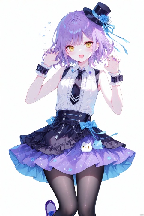  (masterpiece), (best quality), illustration, ultra detailed, hdr, Depth of field, (colorful),[[sheya]],hiten_(hitenkei),[Nachoneko],1girl, solo, hat, necktie, mini hat, looking at viewer, open mouth, wrist cuffs, white background, frills, skirt, purple hair, smile, center frills, sleeveless, shirt, nail polish, rose, yellow eyes, claw pose, hands up, blush, flower, purple nails, makabe mizuki, top hat, simple background, white shirt, breasts, sidelocks, pantyhose, tilted headwear, blue flower, purple footwear, short hair, black necktie, :d