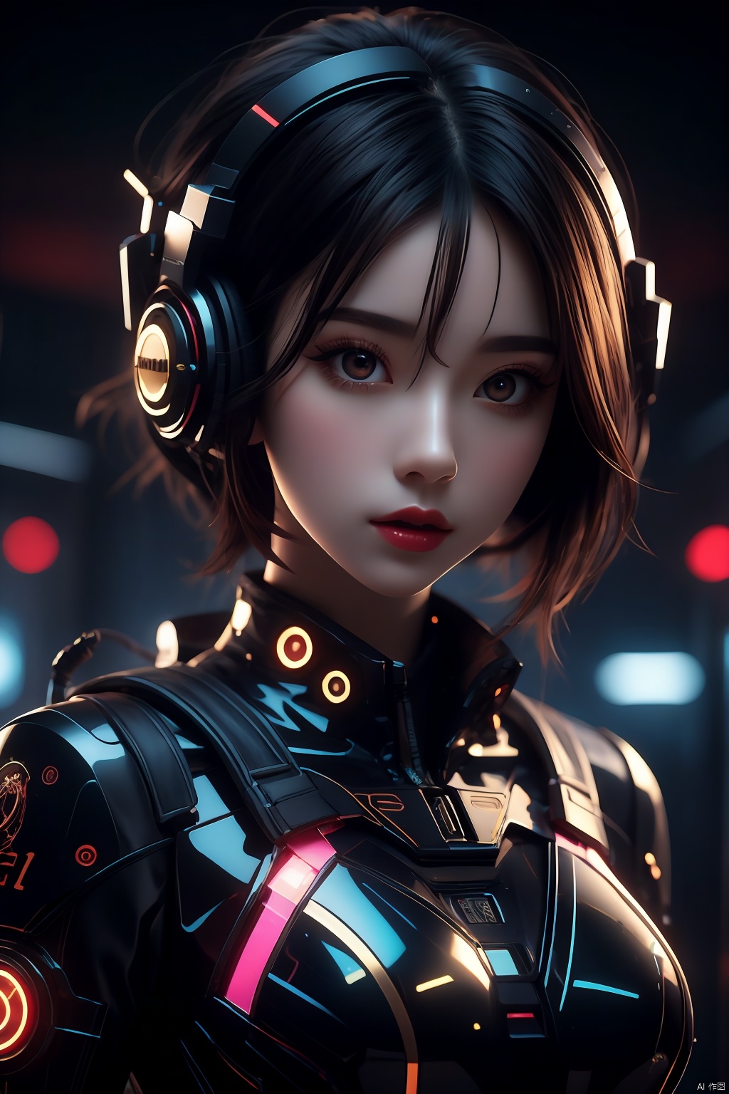  Li's cyberpunk world, Best Quality, Lenovo AIPC, Laptop: 1.4, ((Holographic Interface)), 1girl, Short Hair, Short Pink, Punk, Cyber, Blur, English Text, Glow, Headphones, Neon Decoration, ((ASCII Art)), Detail, in a world where high-tech and a dark future are intertwined. She wears advanced goggles and shows off the stunning visuals of the graphics card. In this picture, a professional gaffer uses the technology of ring light and backlight to make Leda's image more three-dimensional, showing her determined eyes and heroic character.
In terms of composition, the photographer uses symmetrical composition and the golden section method, placing Lida in the center of the frame, highlighting her central position. At the same time, the lines and shapes in the picture are carefully designed to complement the cyberpunk style.
The angles of overhead and upward shooting are used to make the picture more visually impactful. The top-down angle shows Leda's mastery of the tech world, while the up-down angle highlights her authority and confidence.
