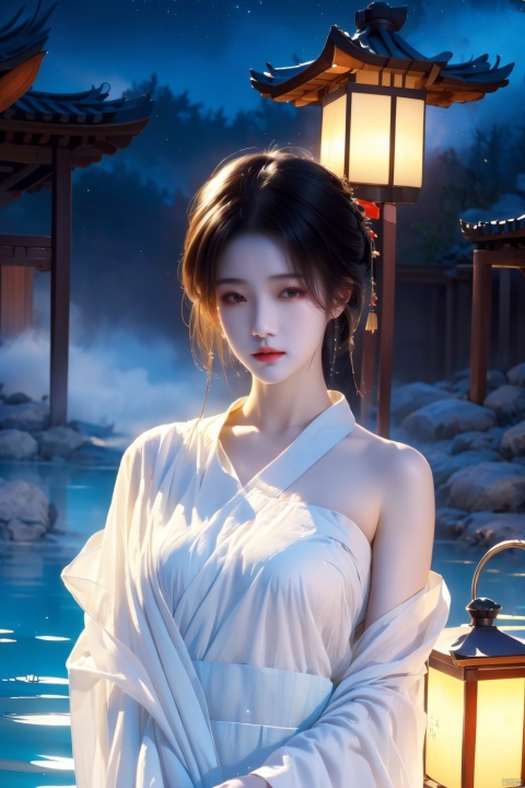  High quality, masterpiece, cinematic texture, Chinese elements, 1 girl bathing in the pool, (wrapped in a gauze: 1.2), (with a large amount of water vapor on the surface), (hot spring), lantern, night,Song style Hanfu,smog,8K Ultra HD, clear and bright image quality, highly refined, extremely fine, chang, （\personality\）