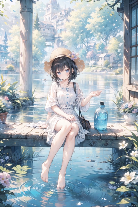  1girl, solo, sitting by the lake, playing water with feet, patting water, water reflection, ripples, flowers, trees, grass, sunny, delicate lighting, cozy animation scenes