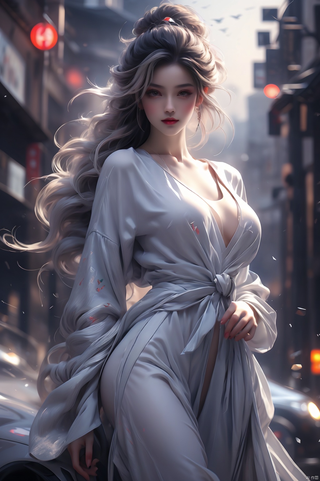 street style,Pajamas, Dreamlike soft focus,A girl in her nightgown on the street, solo, 1girl, detailed background, city, night,dynamic angle, beautiful eyes, blash, smile, (street clothes: 1.5), street style, Navel,(croptop:0.8), two-tone hair color, (cool), (HDR:1), wind, (Gitmome: 1.2), perfect hand, active,  neon _ pop artistic style, artistic style, behind hands, (big breasts: 1.2).          , ZYM, mpaidui, See thru wet T shirt