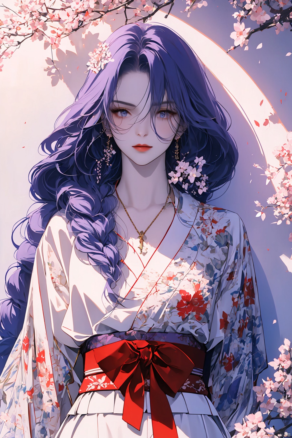  1girl, purple hair, dark purple hair, purple clip on hair, wearing Japanese clothes, Japanese clothes, purple and white Japanese clothes, holding a sword, holding a purple shiny sword, glowing purple sword, Japanese type sword, background charry blossom trees, beautiful pinkish charry blossom trees, dark purple sky, look at the view, lora:more_details:0.5, vibrant colors, masterpiece, sharp focus, best quality, depth of field, cinematic lighting, lora:more_details:0.5, （\personality\）