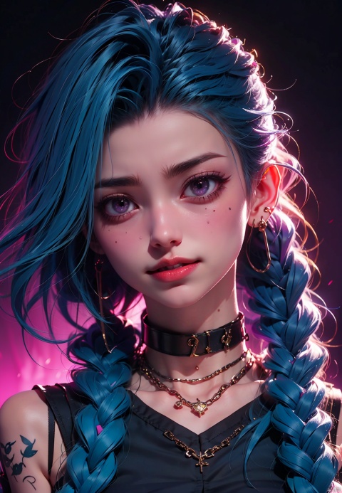  1girl, solo, long hair, looking at viewer, bangs, jewelry, closed mouth, blue hair, purple eyes, upper body, braid, earrings, choker, artist name, pink eyes, necklace, twin braids, collar, lips,:D tattoo, chain, black choker, piercing, ear piercing, asymmetrical bangs, jinx \(league of legends\), （\personality\）, Purple light effect