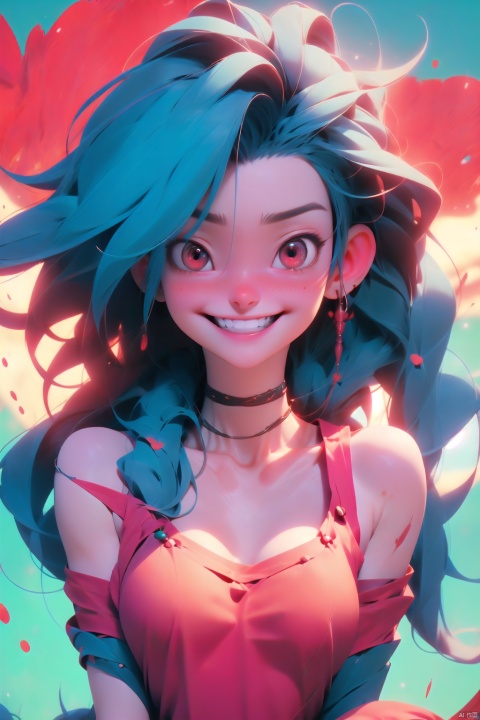  hd, masterpiece, ultra high resolution, female art, warrior,1 girl, playful smile, solo, long hair, chest, looking at the audience, blush, bangs, red eyes, cleavage, bare shoulders, jewelry, medium breasts, laugh, teeth, blue hair, collarbone, upper body, braids, earrings, shot from above,