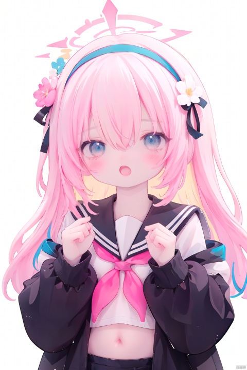  (masterpiece), (best quality), illustration, ultra detailed, hdr, (colorful),1girl, solo, long hair, looking at viewer, blush, open mouth, bangs, blue eyes, shirt, hair ornament, long sleeves, white background, ribbon, hair between eyes, school uniform, blue hair, jacket, hair ribbon, white shirt, upper body, pink hair, flower, heart, multicolored hair, hairband,Cherry blossoms, the sky, open clothes, serafuku, puffy sleeves, virtual youtuber, hair flower, sailor collar, :o, two-tone hair, open jacket, black jacket, neckerchief, hands up, halo, white flower, puffy long sleeves, white sailor collar, cropped torso, blue hairband, pink neckerchief,Cherry blossoms, the sky,